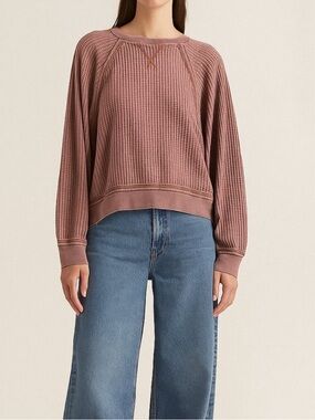 Z Supply Waffle Knit Cropped Pullover Size Large Slouchy Thermal